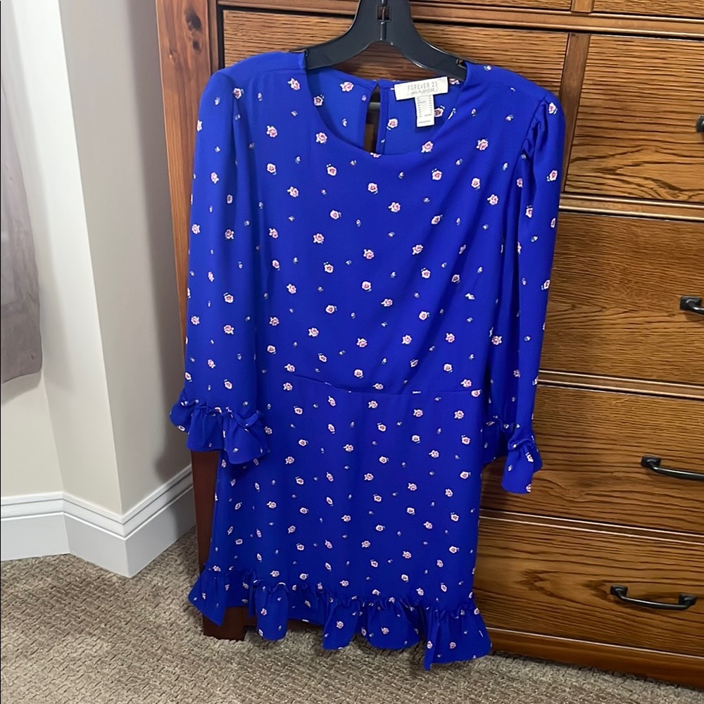 Blue Floral Dress with Ruffle Hem